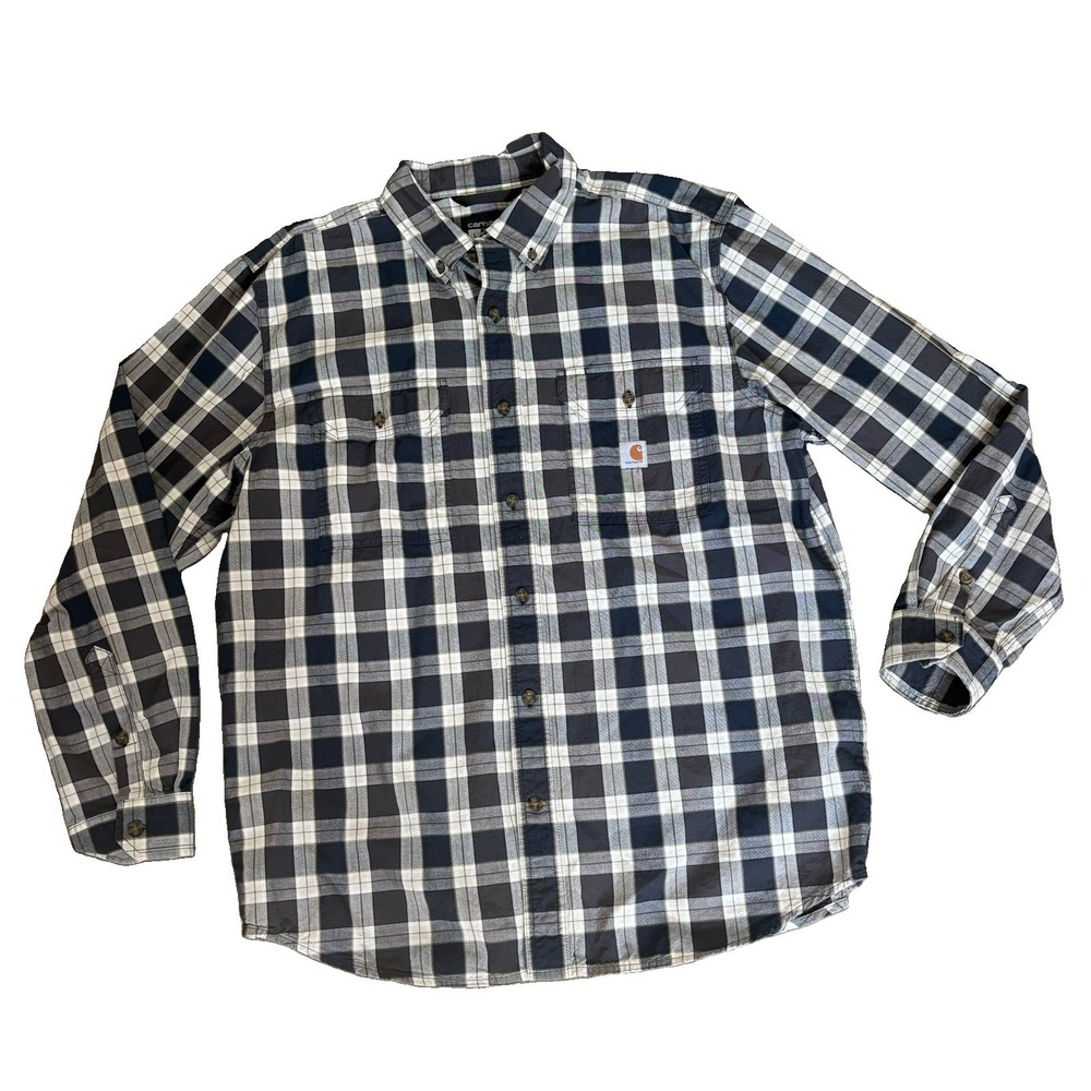 Carhartt Plaid Button Up Shirt Men's Large Gray Black White Logo Relaxed Fit